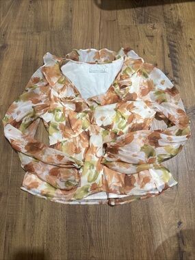 Abercrombie & Fitch Sz S Floral Ruffle V-Neck Long Sleeve Top - Cream & Tan